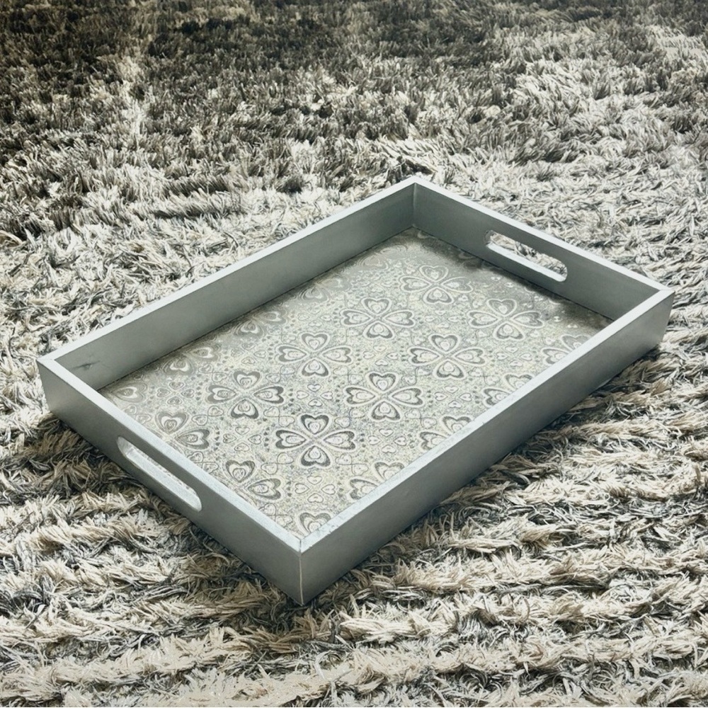 Gray Decorative Vanity Tray with Patterned Insert 17.5 x 12 x 2